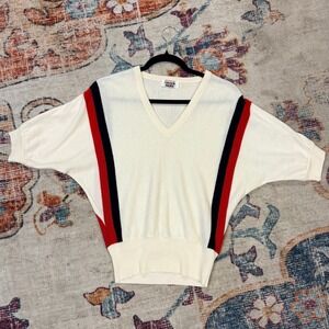 RODIER PARIS Wool Blend Knit Sweater V Neck Dolman Sleeve Cream Red Navy Stripes